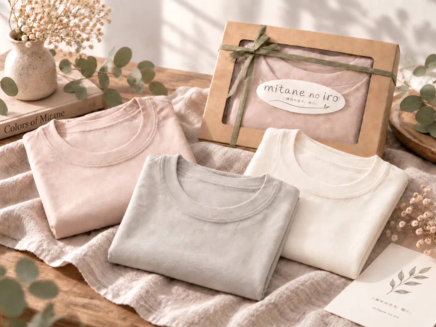 ピンク・カーキ・クリームのLENTOのTシャツと、リボンを掛けたギフトボックス