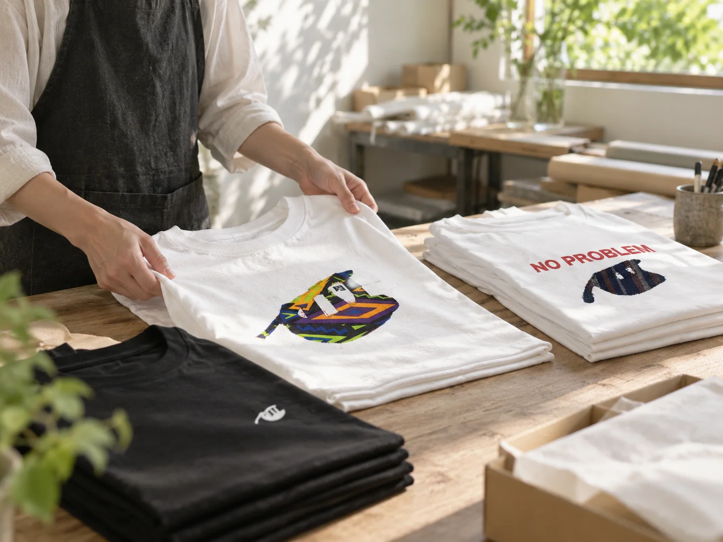 A maker finishing Namakemono T-shirts in a sunlit studio